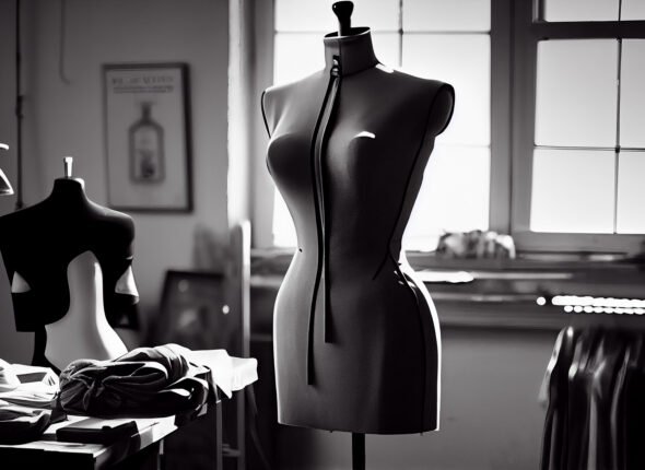 Fashionable boutique owner measures dress in black and white studio generated by AI